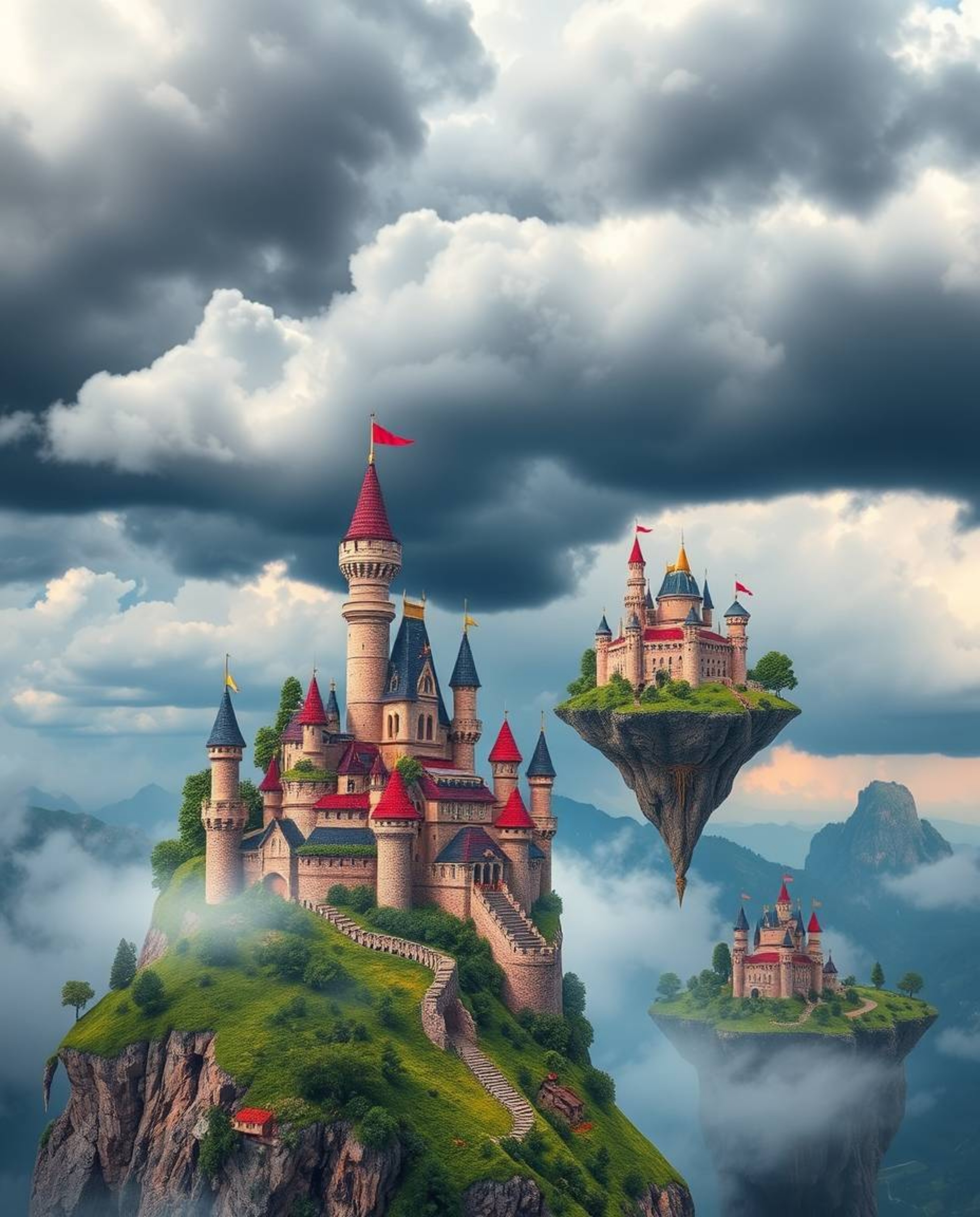 A captivating high-resolution stock photo showcases a vibrant fantasy kingdom with floating islands and majestic castles, set