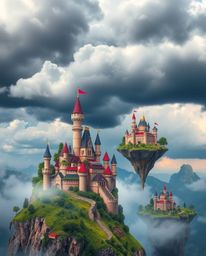A captivating high-resolution stock photo showcases a vibrant fantasy kingdom with floating islands and majestic castles, set