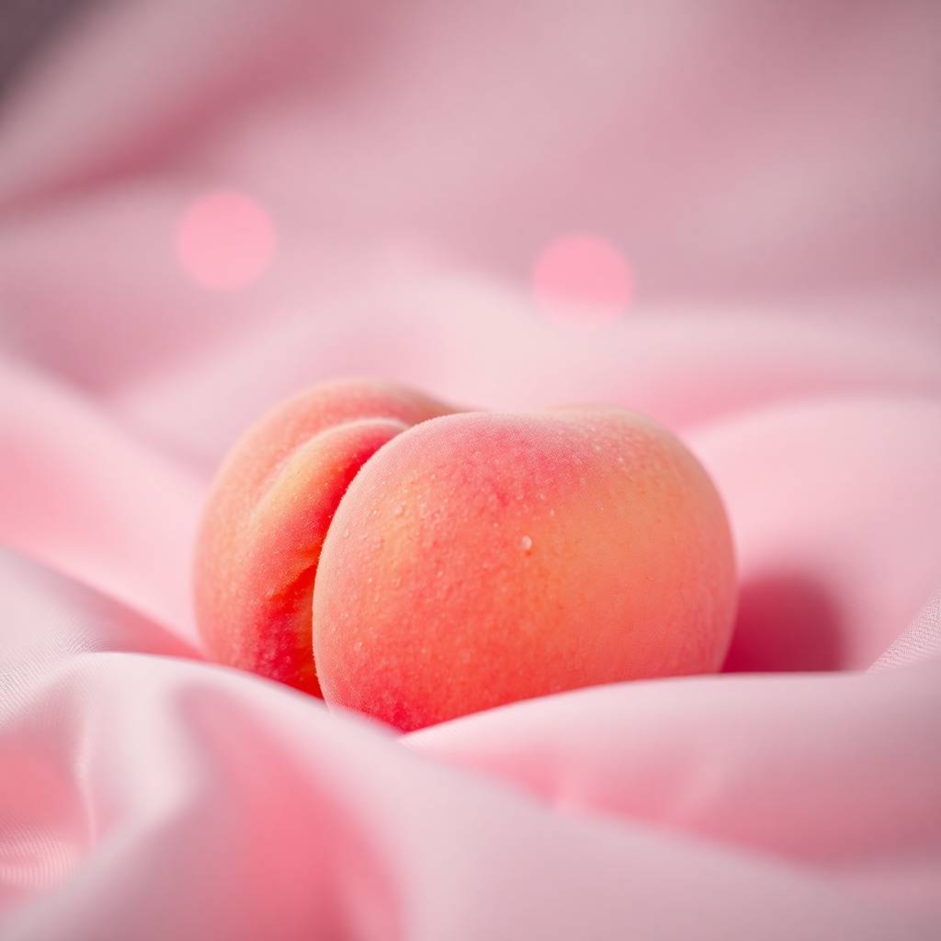 Captivating image featuring a soft, blushing pink peach in a close-up ASMR aesthetic. The peach rests on silky pastel pink fa