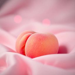 Captivating image featuring a soft, blushing pink peach in a close-up ASMR aesthetic. The peach rests on silky pastel pink fa