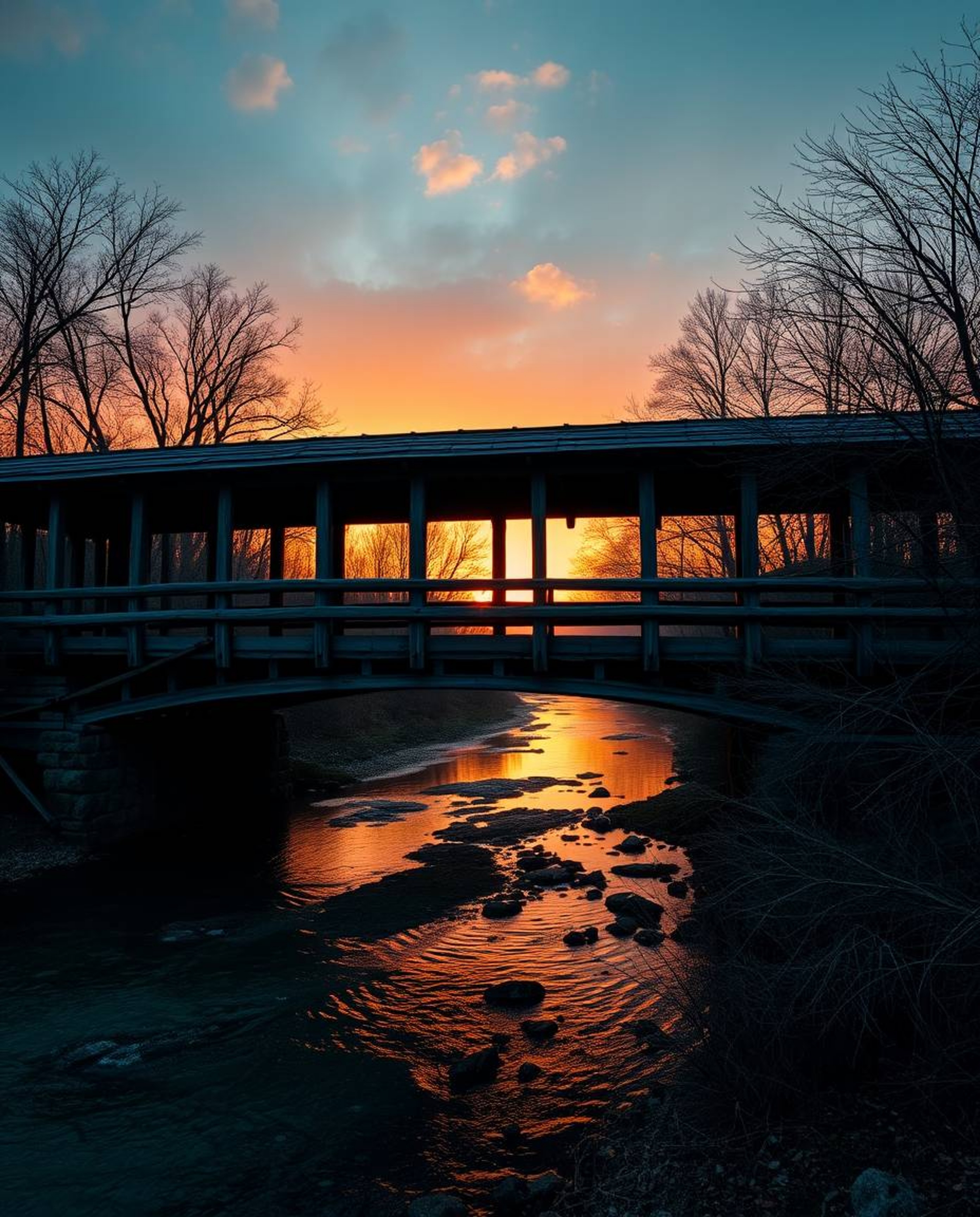 A professional, Photo of the Year style photograph showcases an old wooden bridge over a river at sunset. The image is define