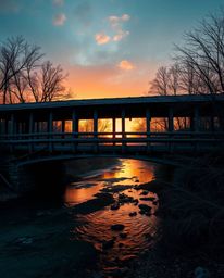 A professional, Photo of the Year style photograph showcases an old wooden bridge over a river at sunset. The image is define