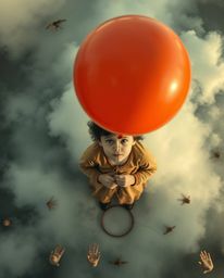 Experience a dreamlike, surreal overhead bird's eye view image of a child holding a balloon, captured from a top-down perspec