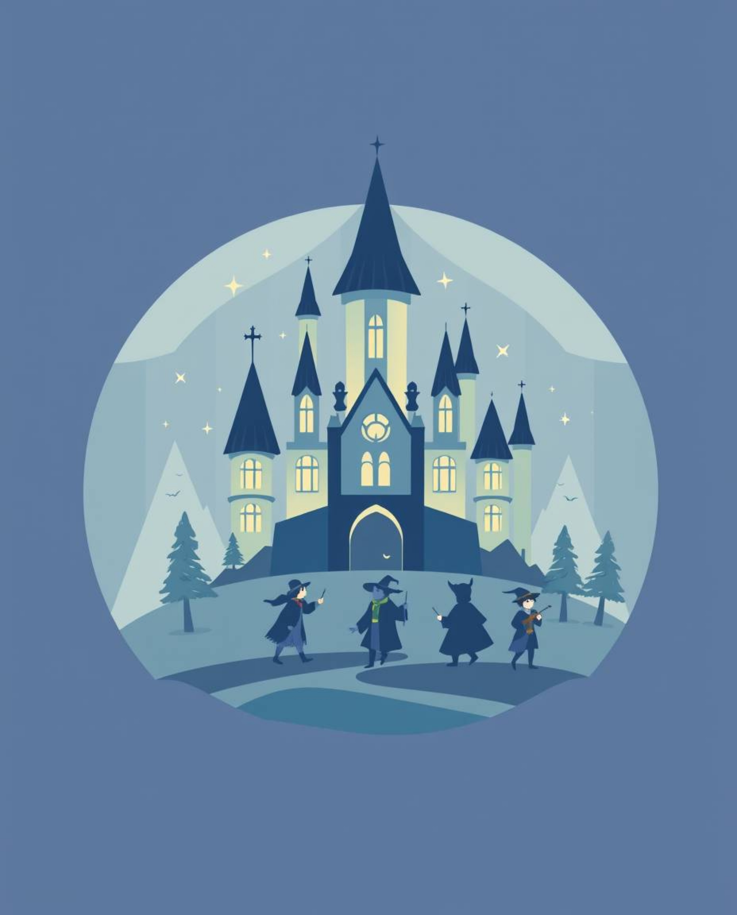 This logo concept evokes a soft and dreamy atmosphere, depicting a magical school brimming with young wizards. The design uti