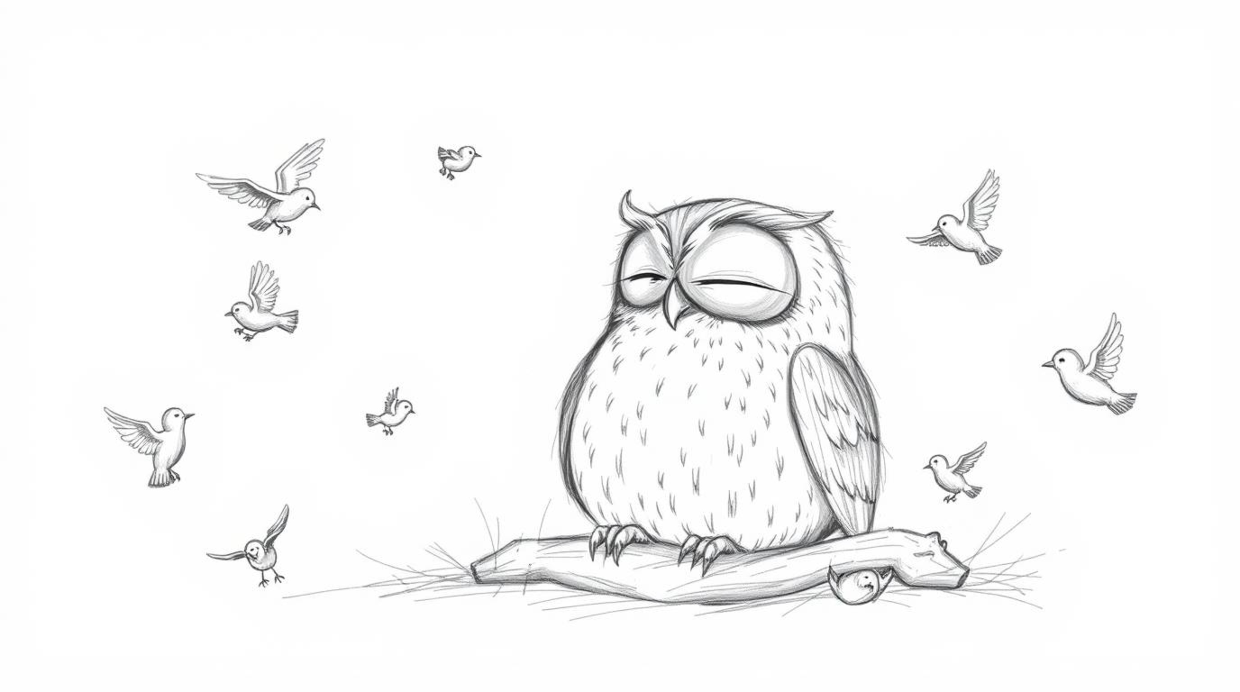 A heartwarming hand-drawn sketch in the style of Pixar, featuring a blind owl resting peacefully while small birds joyfully f