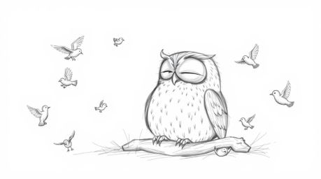 A heartwarming hand-drawn sketch in the style of Pixar, featuring a blind owl resting peacefully while small birds joyfully f