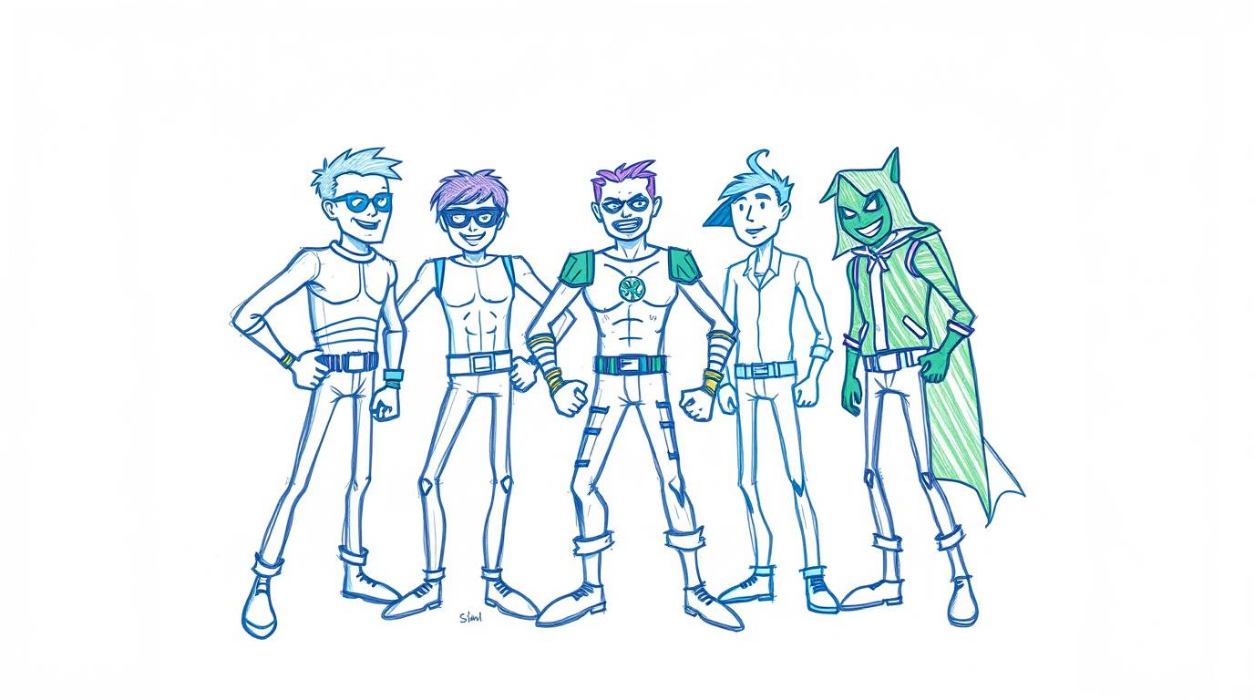 A cool-toned, hand-drawn sketch depicts a team of misfit heroes coming together. The artwork features rough lines and texture