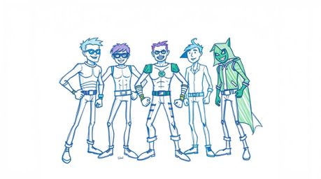 A cool-toned, hand-drawn sketch depicts a team of misfit heroes coming together. The artwork features rough lines and texture