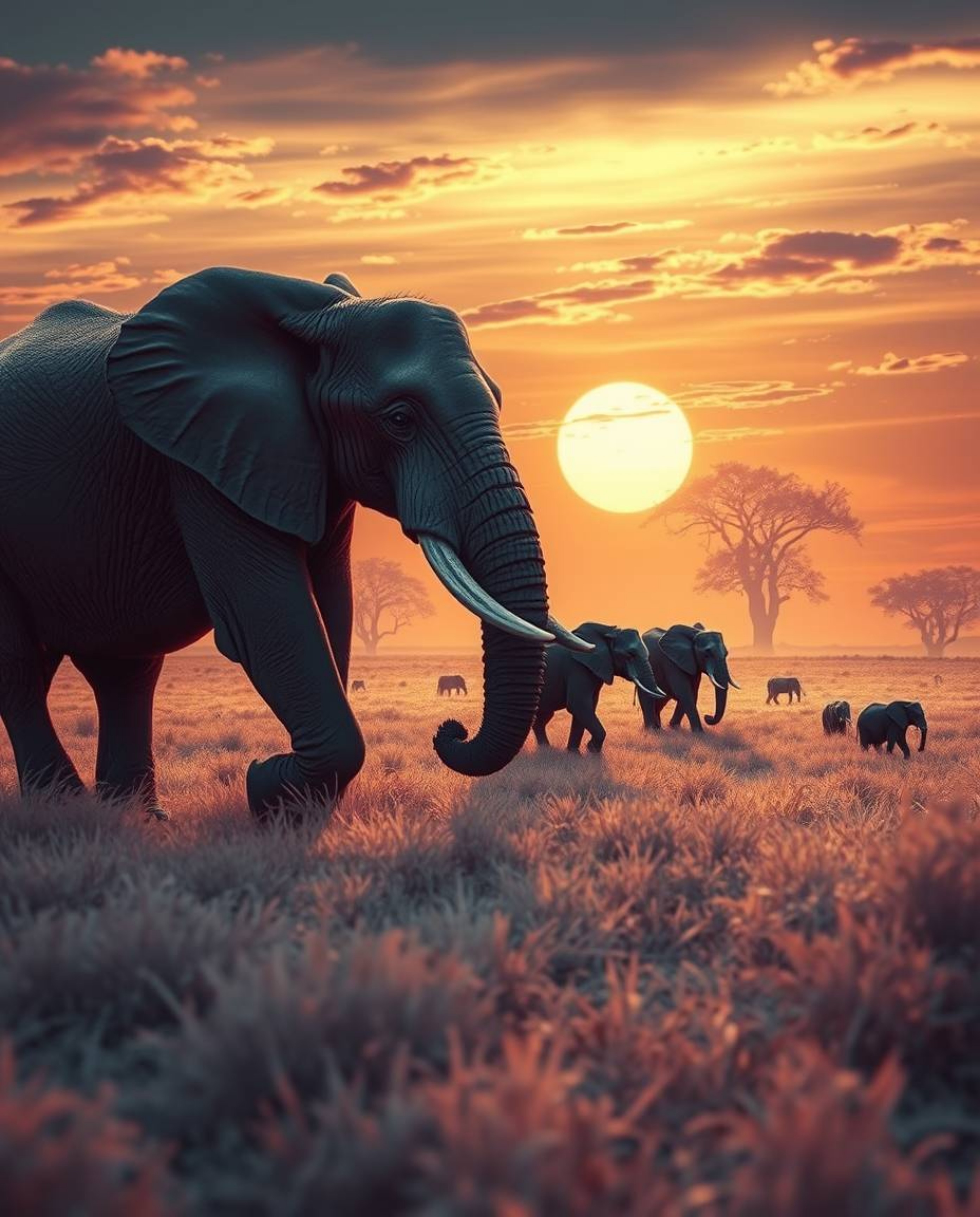 This is a surreal digital painting of elephants walking across a field at sunset, illuminated by an otherworldly infrared lig
