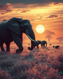 This is a surreal digital painting of elephants walking across a field at sunset, illuminated by an otherworldly infrared lig