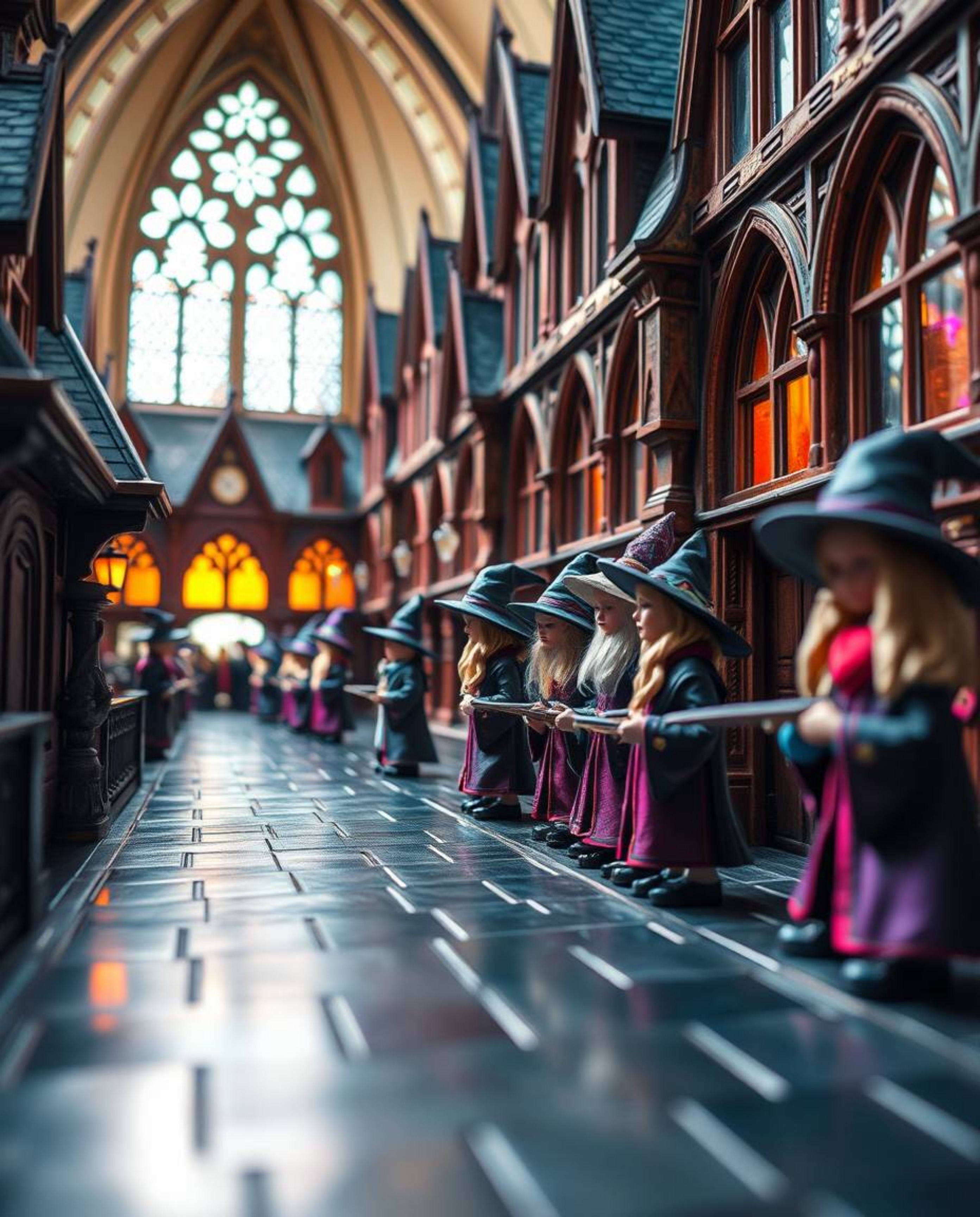 Explore a magical school brimming with young wizards through precise architectural color photography in extreme macro close-u