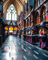Explore a magical school brimming with young wizards through precise architectural color photography in extreme macro close-u