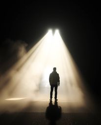 A captivating image depicts a person standing at a tunnel's entrance, bathed in ethereal volumetric lighting that cuts throug