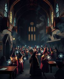Discover a captivating image of a magical school brimming with young wizards. The artwork showcases seamless color blending,