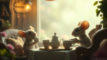 Immerse yourself in a soft, dreamlike scene of anthropomorphic mice enjoying a delightful tea party within the comforting wal