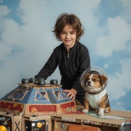 A captivating high-fashion photography captures a boy with messy brown hair and bright eyes, proudly standing beside his intr