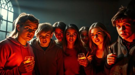 A group of diverse teenagers with determined expressions unravel a mystery within a dimly lit, haunted mansion.  Warm, soft l