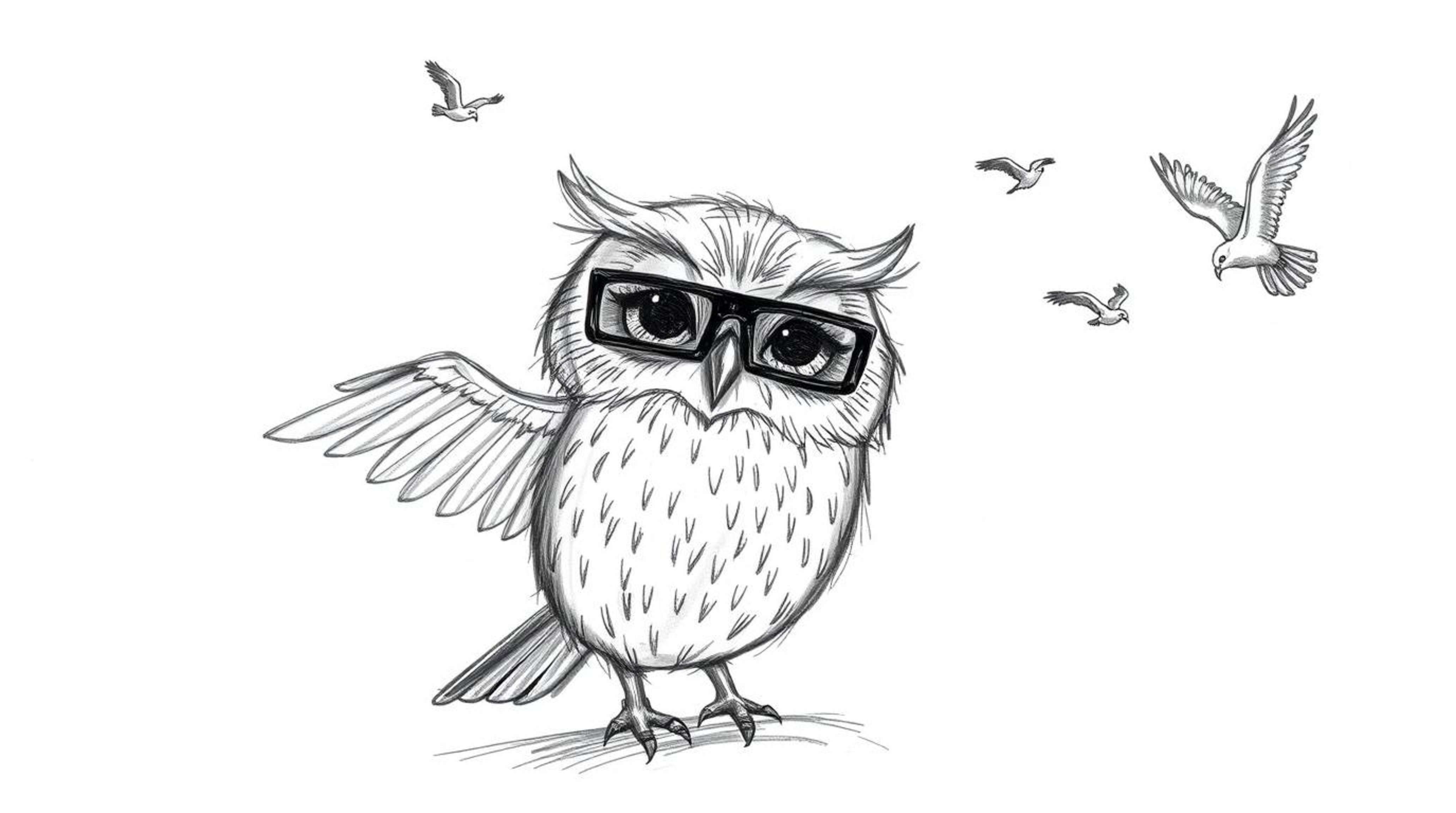A heartwarming hand-drawn sketch in the style of Pixar portrays a unique scene: a blind owl, rendered with textured pencil st