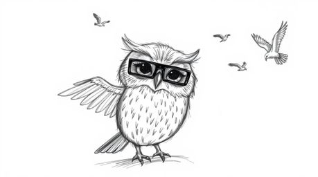 A heartwarming hand-drawn sketch in the style of Pixar portrays a unique scene: a blind owl, rendered with textured pencil st