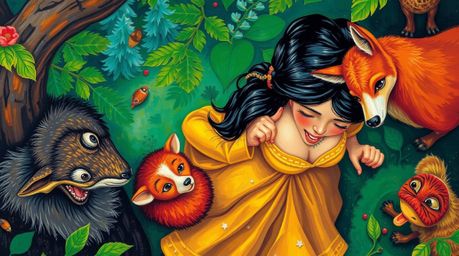 Experience the magic of a princess with dark hair singing with forest animals in these stunning artworks. The first is a bold