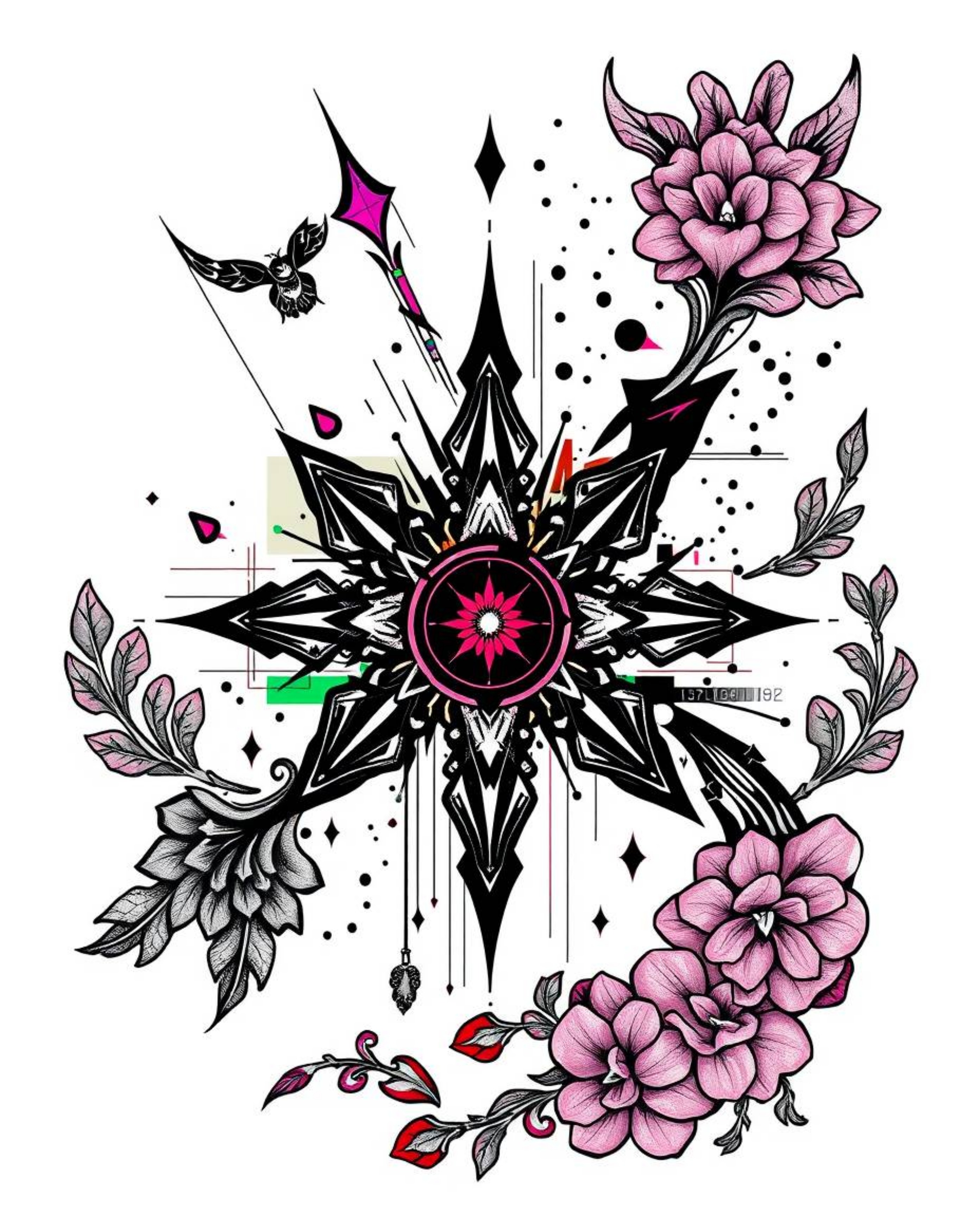 This striking black and white tattoo art print features a classic and timeless design.  Abstract shapes are interwoven with m