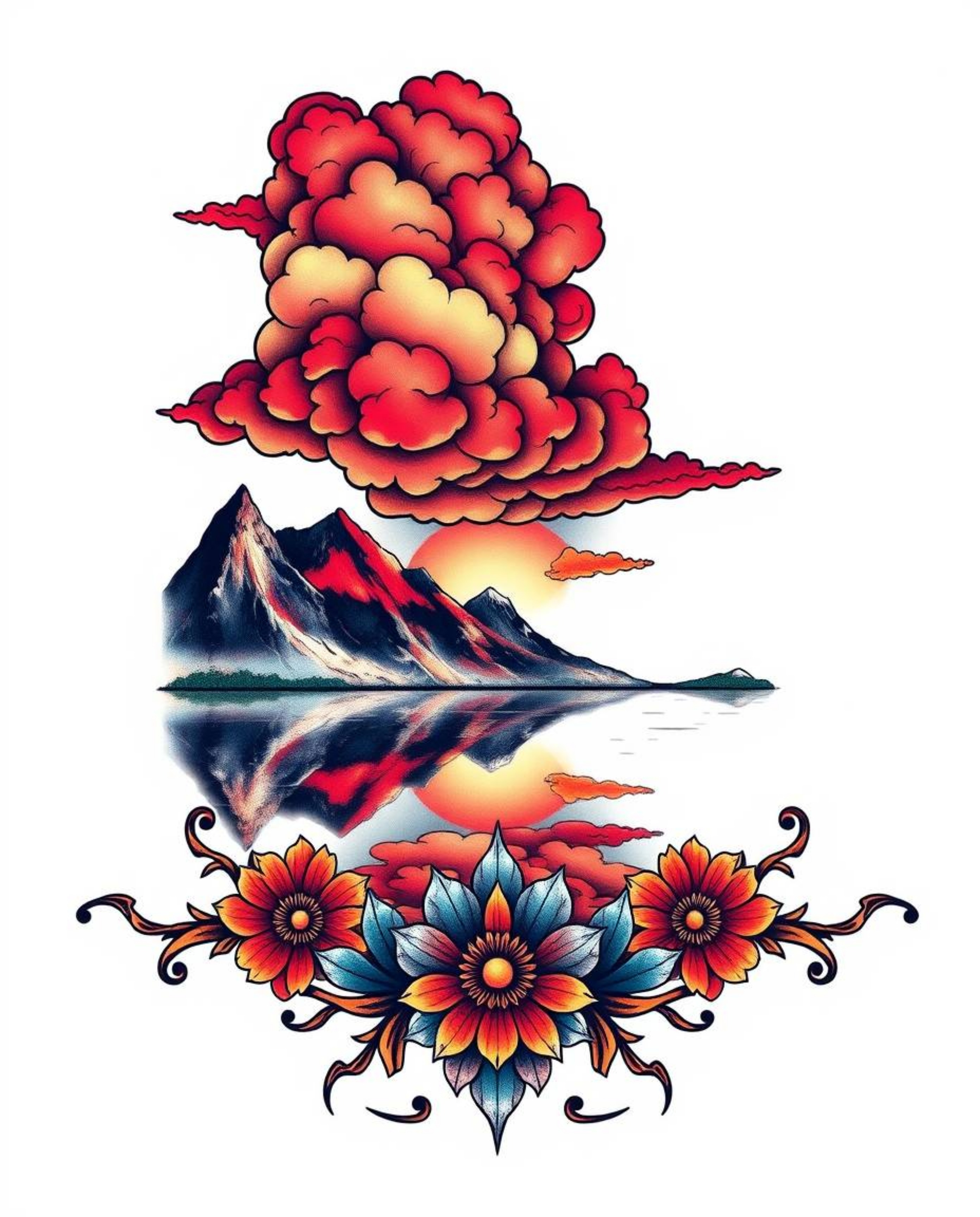 A vibrant, retro-style tattoo design featuring the reflections of fiery clouds in a mountain lake. This piece is characterize