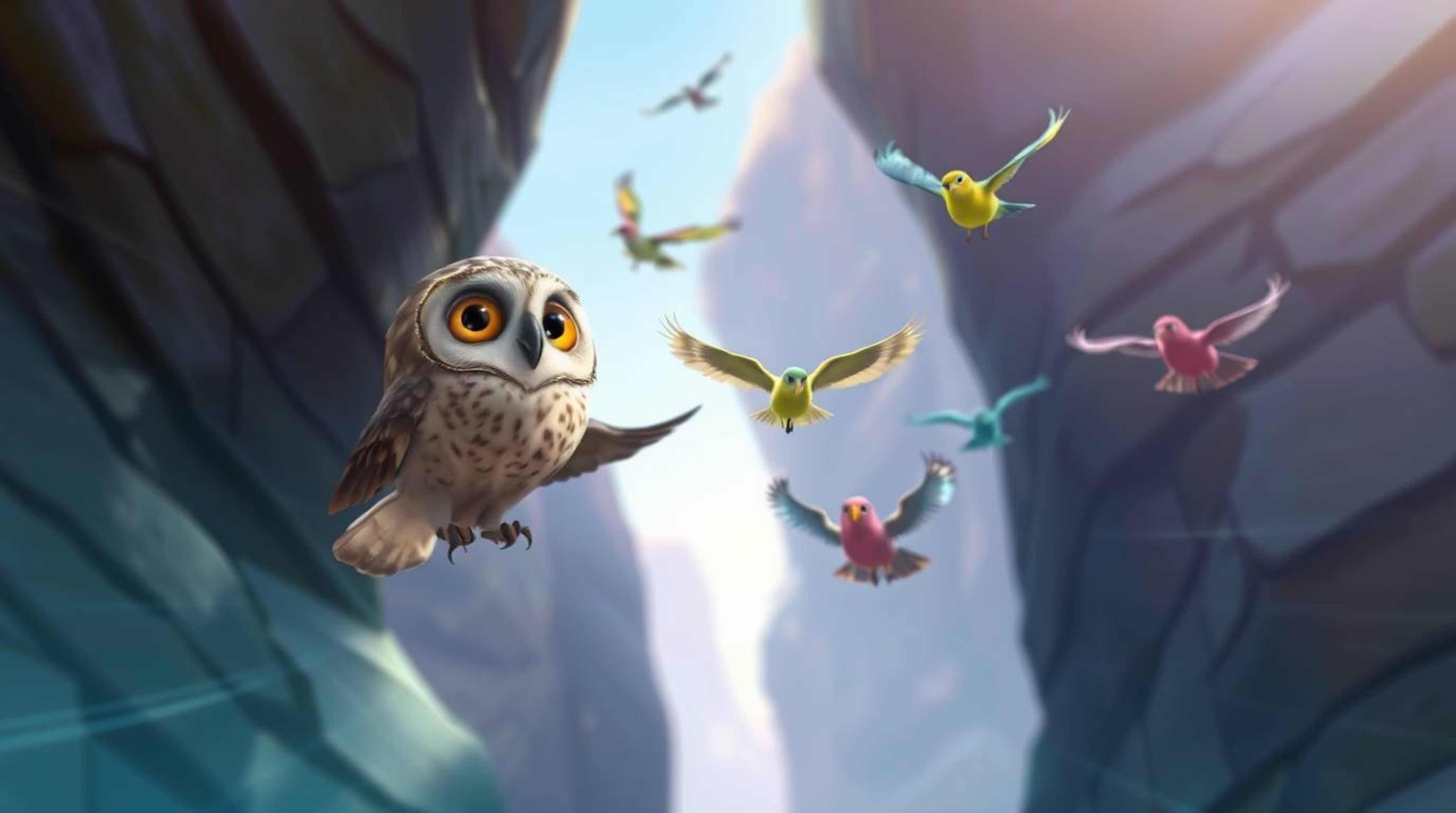This digitally painted scene, rendered in a captivating Pixar style, features a blind owl whose facial features beautifully c