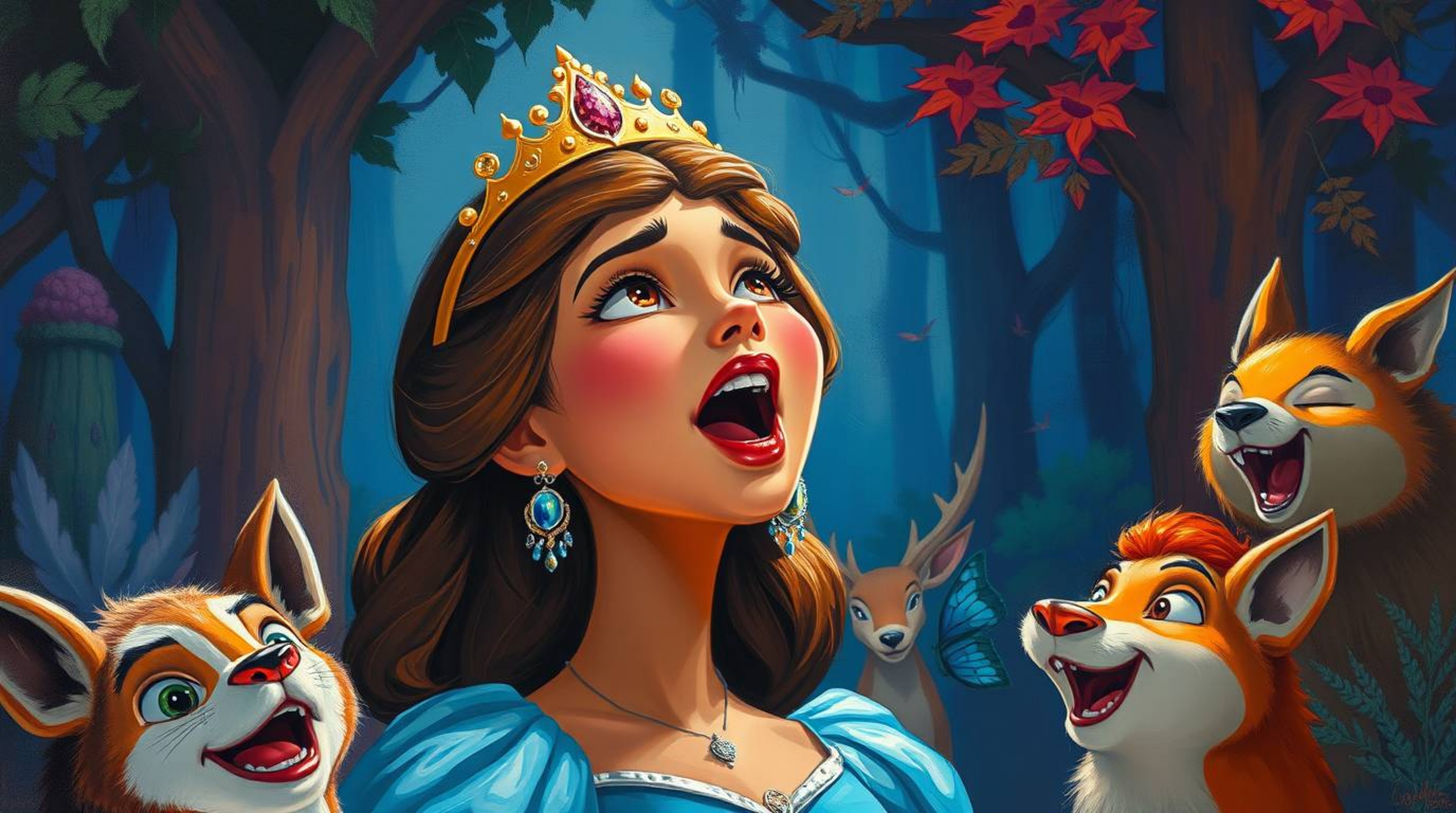 An acrylic painting showcases a princess with strong facial features and rich skin tones, powerfully singing amidst a vibrant