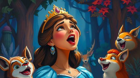 An acrylic painting showcases a princess with strong facial features and rich skin tones, powerfully singing amidst a vibrant