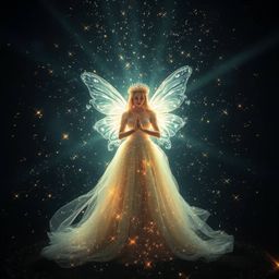 A mysterious fairy godmother emerges from a swirl of sparkles, shrouded in a dark and eerie atmosphere.  Bright lens flares c