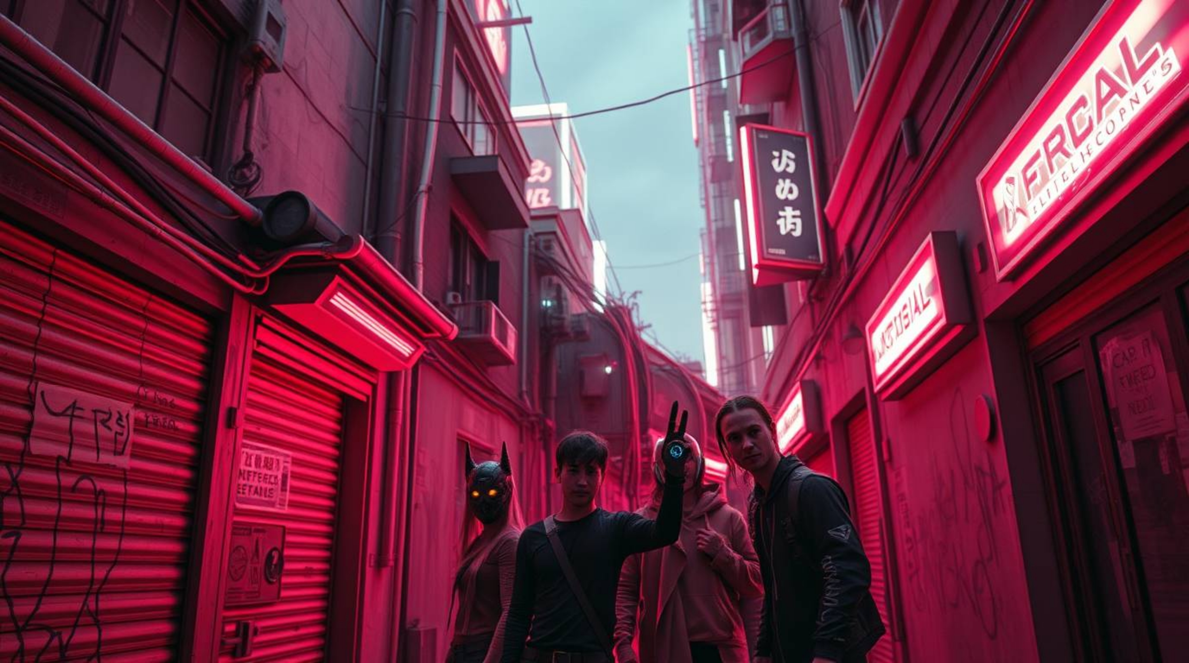 Explore a grungy city alley bathed in surreal infrared tones, rendered in a futuristic sci-fi style. The scene features rebel