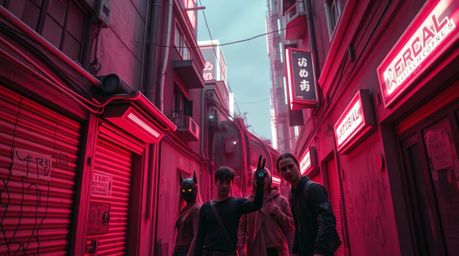 Explore a grungy city alley bathed in surreal infrared tones, rendered in a futuristic sci-fi style. The scene features rebel