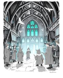 Experience the timeless elegance of a classic black and white illustration depicting a magical school teeming with young wiza