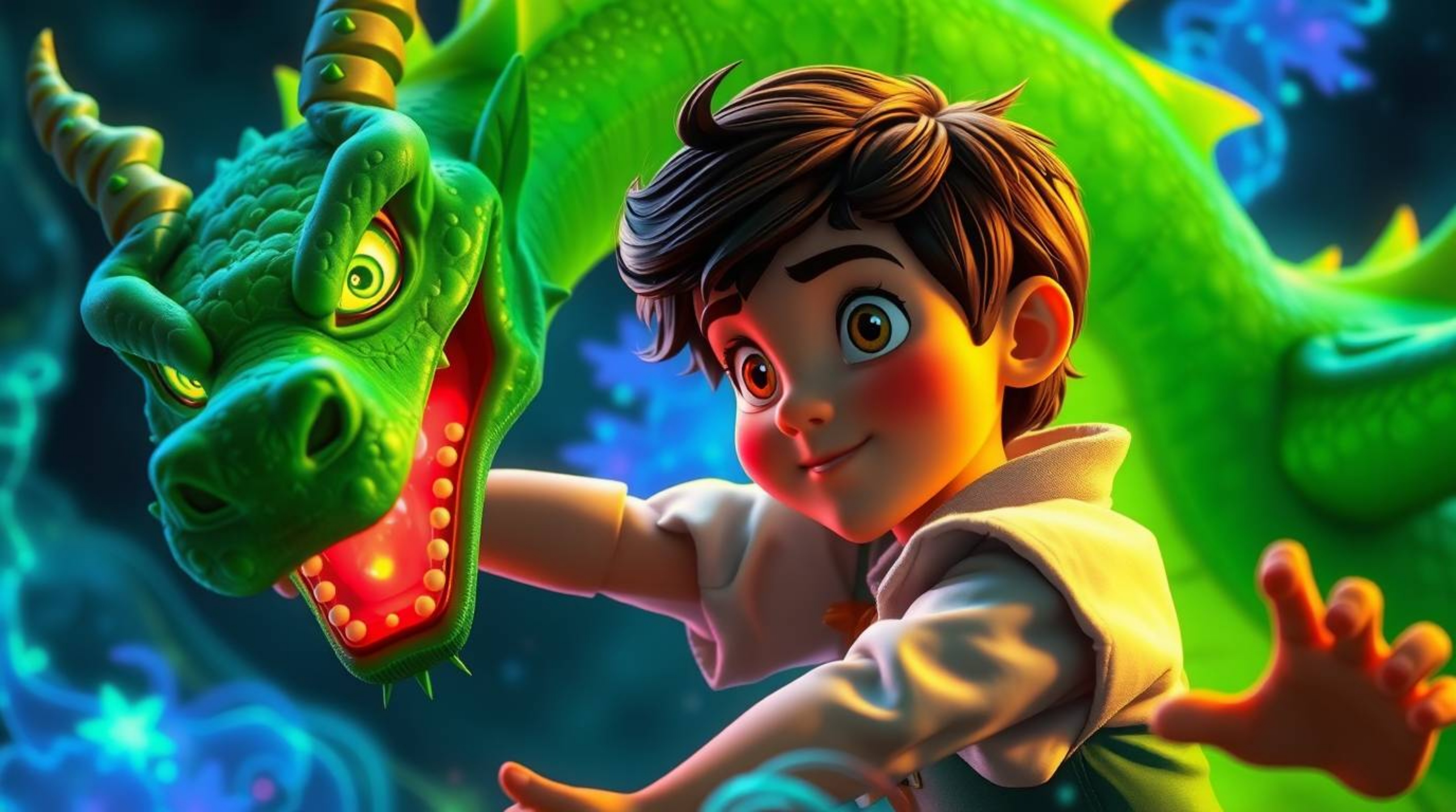 A captivating scene unfolds with a charming prince battling a vibrant green dragon, all rendered in a nostalgic 1950s animati