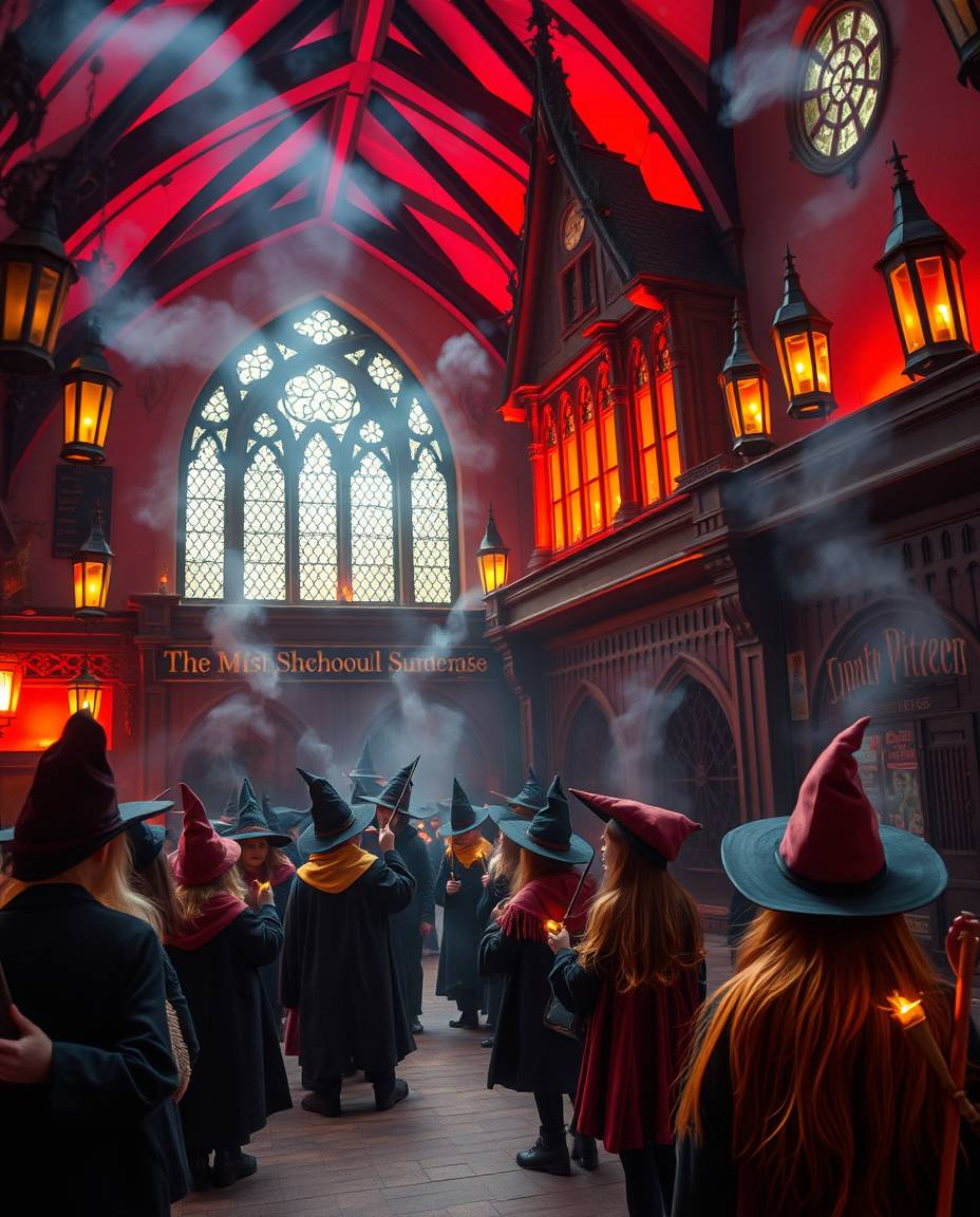 Experience a tight close-up of a magical school brimming with young wizards, brought to life by warm reds, oranges, and yello