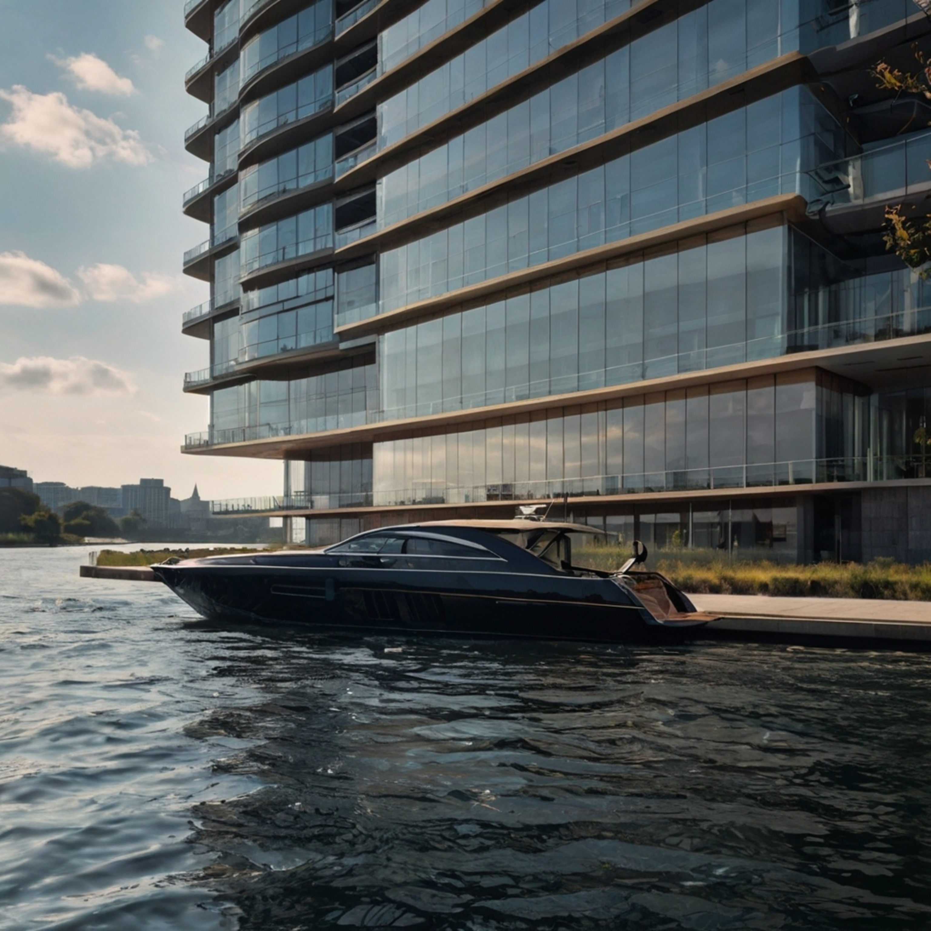This stunning image showcases a sleek, modern skyscraper boasting floor-to-ceiling windows. The building overlooks a pictures