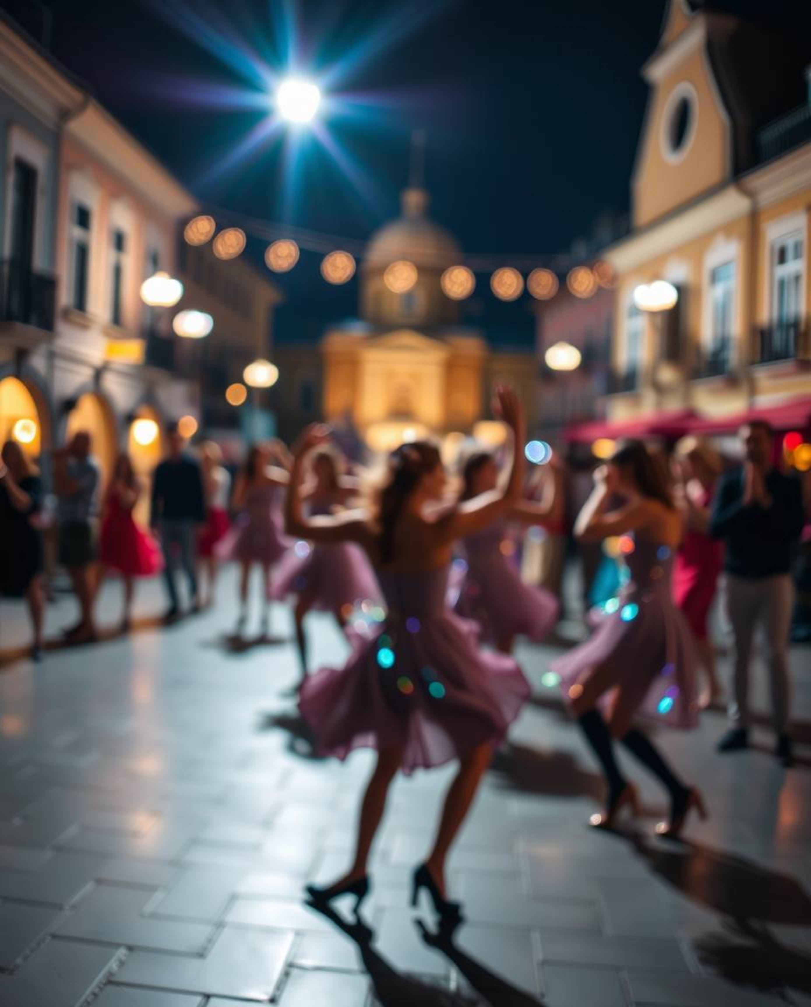 A captivating high-contrast photograph depicts a vibrant musical number in a brightly lit town square.  The image features a 