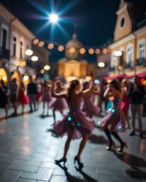 A captivating high-contrast photograph depicts a vibrant musical number in a brightly lit town square.  The image features a 