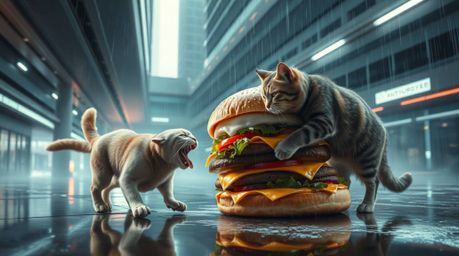 Witness an epic, futuristic battle between a dog and cat as they clash over a massive sandwich. Set against a backdrop of mod