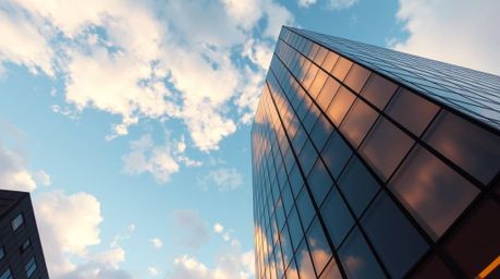 This stunning visual captures a modern glass building seamlessly merging with the sky, where soft clouds delicately blend int