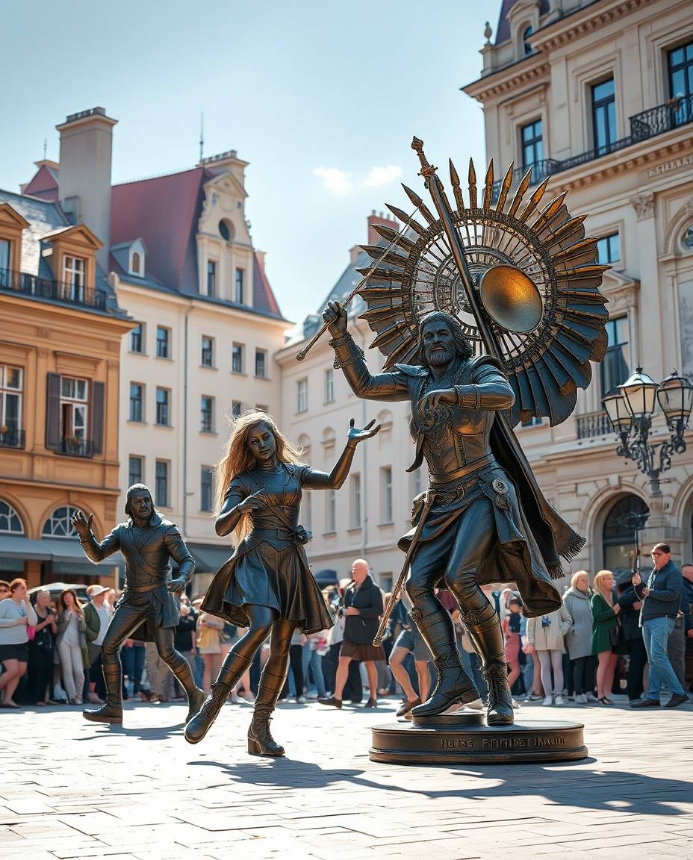 Experience a vibrant musical spectacle unfolding in a lively town square, rendered in a grand, heroic style. The scene, cast 