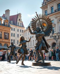 Experience a vibrant musical spectacle unfolding in a lively town square, rendered in a grand, heroic style. The scene, cast