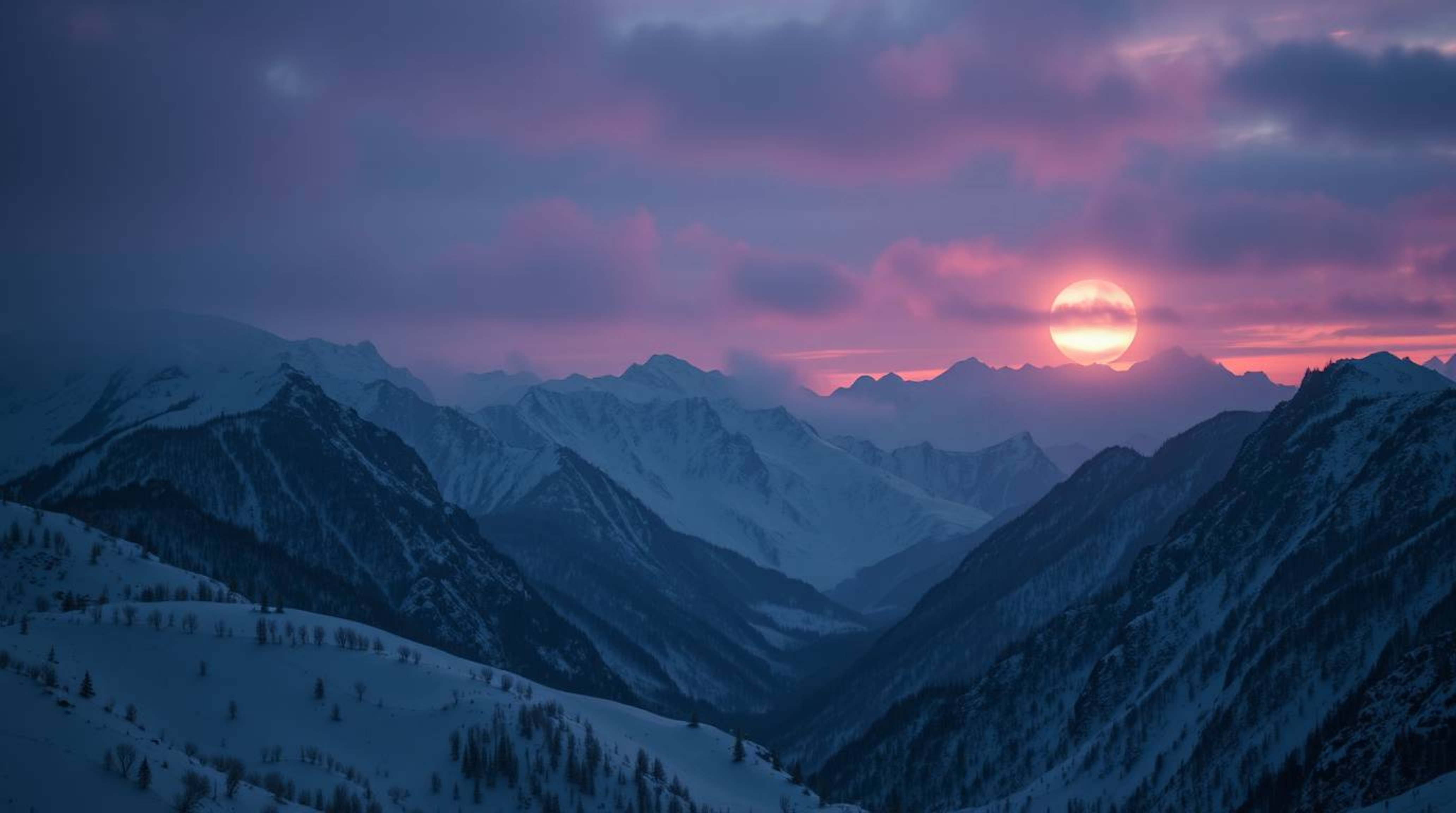 Witness the ethereal beauty of snow-covered mountains bathed in the soft glow of a pastel sunset. This image evokes a sense o
