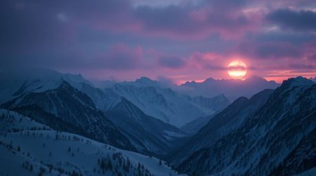 Witness the ethereal beauty of snow-covered mountains bathed in the soft glow of a pastel sunset. This image evokes a sense o