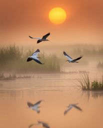 A golden hour wetlands scene is transformed into a mystic and enchanting environment. Herons are captured in flight amidst ge