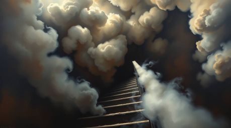 This high angle perspective oil painting depicts a winding stairway made of smoke and light ascending into a vast, cloudy sky