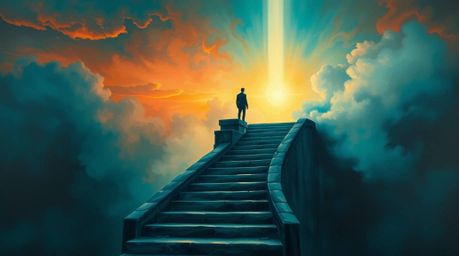 This captivating classic oil painting showcases a lone figure ascending a stone staircase towards a divine beam of light, set