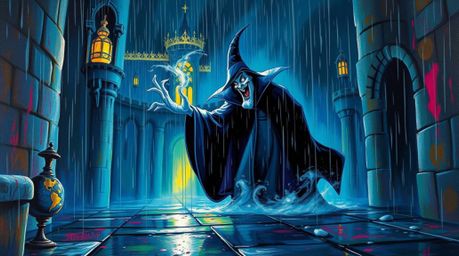 This bold acrylic painting captures a classic Disney villain casting a spell within a rain-soaked castle. The artwork feature