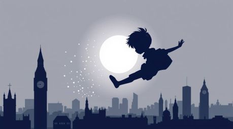 A captivating image depicts a young boy with dark hair silhouetted against the London skyline, soaring through the air with t