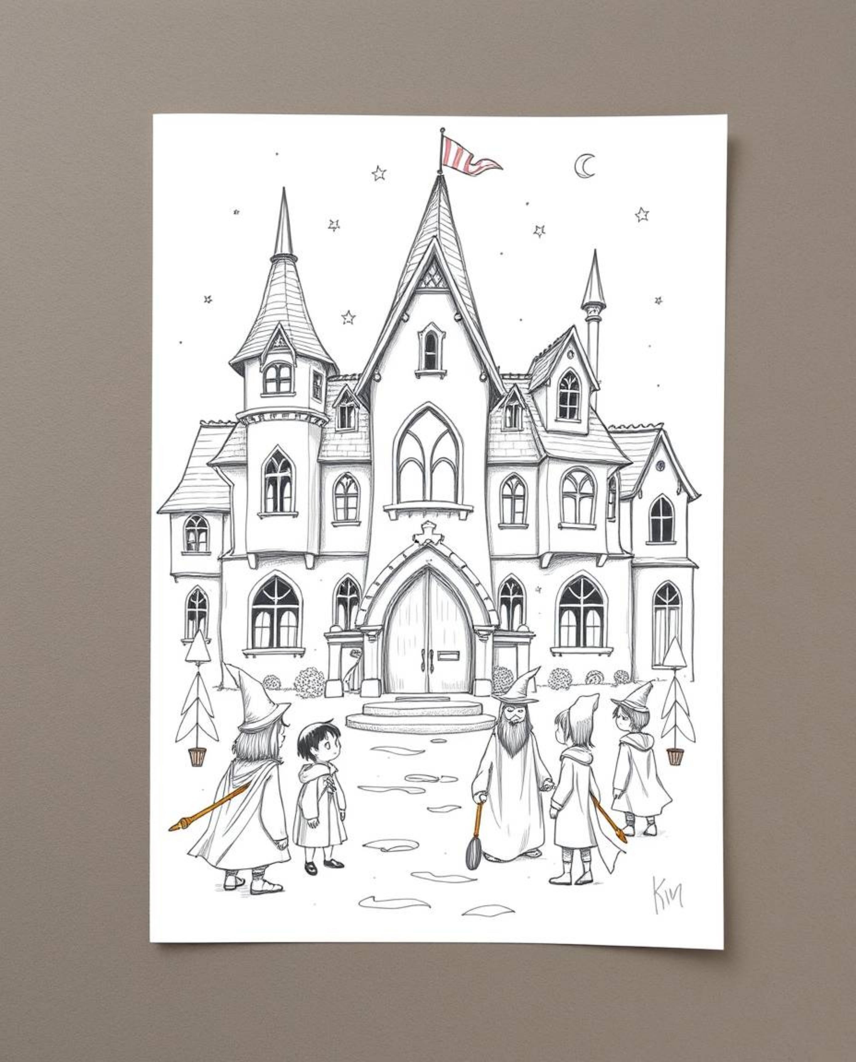Explore a magical school brimming with young wizards in this hand-drawn sketch. Rough textured pencil strokes on a pristine w